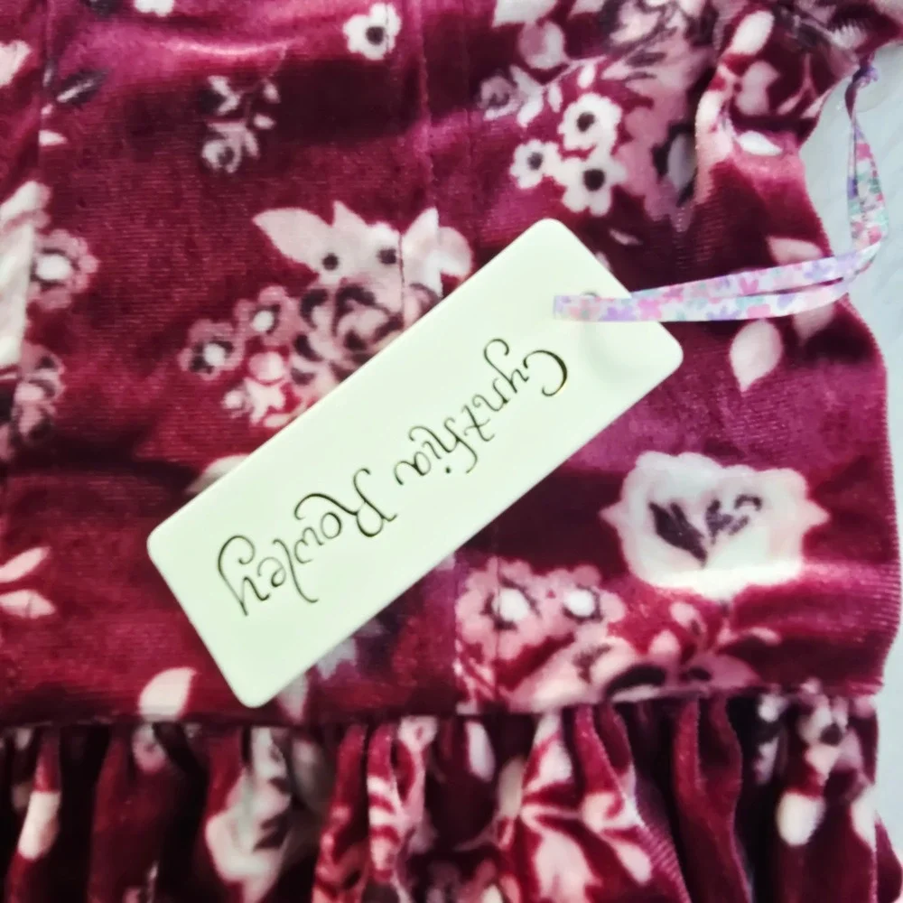 Cynthia‎ Rowley NWT Girls Burgundy Floral Velvet Dress Short Sleeve Size 6 - Picture 4 of 5